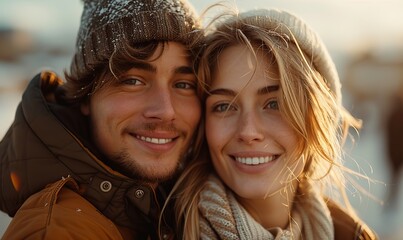 A couple, wrapped in a loving embrace outdoors, the girlfriend gazing at the camera with a smile.