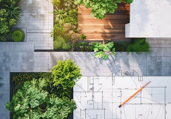 Poster - Aerial View of Modern Backyard Design with Blueprint.