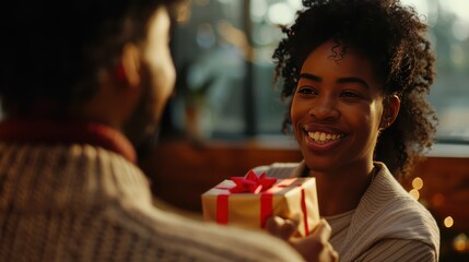 Wall Mural - Person giving a thoughtful gift to a loved one, capturing the moment of joy.