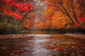 Wall Mural - Vibrant Autumn Riverbank Scene with Colorful Foliage, Orange Red and Yellow Trees and Leaves, Serene Water Reflections, and Stunning Nature Photography in a Picturesque Landscape