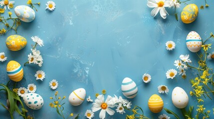 Poster - Happy Easter -  Blue background with colorful eggs and spring flowers.