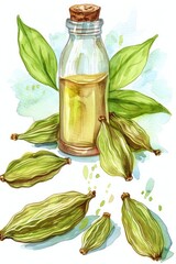 Canvas Print - Hand-drawn Watercolor Cardamon Pods and Essential Oil Bottle Illustration