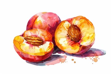 Poster - Hand-drawn Watercolor Illustration of Ripe Nectarine and Peach, Fresh and Juicy Fruits