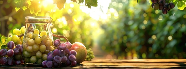 Sticker - Fresh Grapes in a Glass Jar, with a Green Blurred Background.