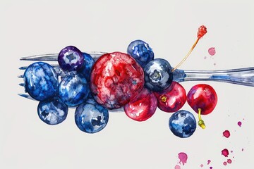 Poster - Mixed Forest Berries on Fork. Fresh Berry Assortment Watercolor Illustration