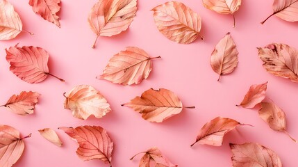 Wall Mural - Autumn creative composition. Beautiful dried leaves on pastel pink background. Fall concept. Autumn background. Flat lay, top view, copy space