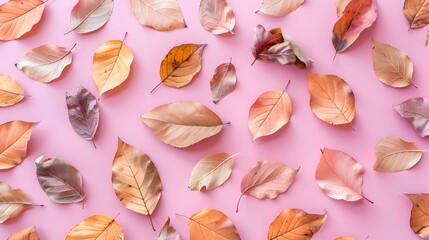 Wall Mural - Autumn creative composition. Beautiful dried leaves on pastel pink background. Fall concept. Autumn background. Flat lay, top view, copy space