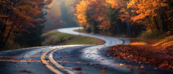 Canvas Print - Winding road through vibrant autumn forest with colorful leaves, serene and scenic fall landscape, perfect for travel and nature themes.