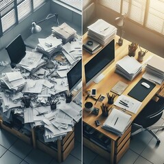 Comparision of messy office desk and clean office desk, workspace in office concept