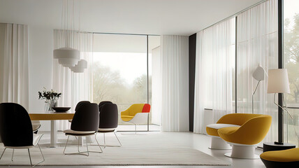 Bauhaus style home design, modern furniture aesthetics extremely simplified, clean and designer atmosphere