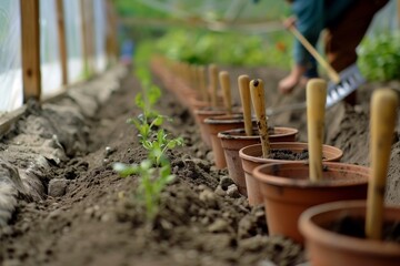 Wall Mural - Gardeners use a rake to pour soil into long pots before planting vegetables.