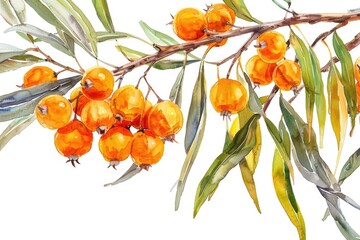 Sticker - Vibrant Sea Buckthorn Berries and Leaves. Watercolor Illustration of Fresh Ripe Fruits on White Background