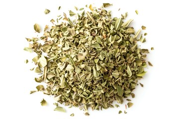 Wall Mural - Close up pile dried chopped oregano leaves isolated on white background