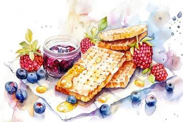 Wall Mural - Watercolor Illustration of Delicious Crispbreads with Honey and Fresh Berries