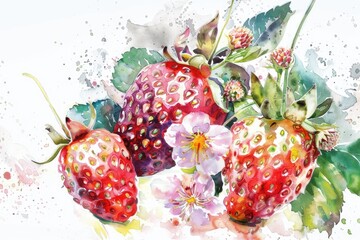 Poster - Watercolor Pineberry Berry Hybrid with Organic Fruit on White Background