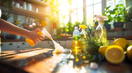 Sunlit kitchen with person cleaning a wooden counter using eco-friendly natural cleaning products and fresh lemons.