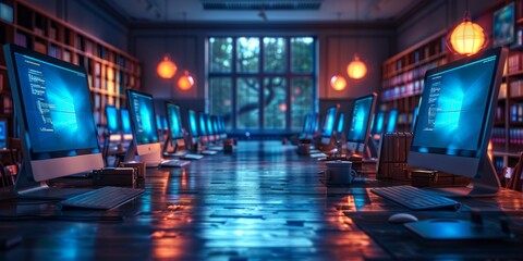 Computer lab with rows of desktops and coding resources,