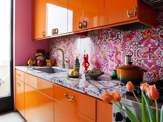 Bold graphic tile backsplash