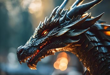 Wall Mural - ai-generated illustration of a detailed dragon head sculpture with glowing eyes in a fantasy setting