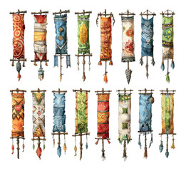 Sticker - Ancient Banners on Wooden Sticks Watercolour Icons Historical Banners Ancient Scrolls Graphic Design Elements Vintage Banner Collection Historical Illustrations Wooden