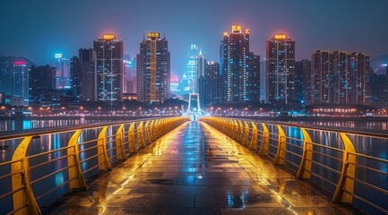 Wall Mural - Night Cityscape with Bridge and Reflections