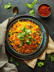 Wall Mural - Delicious Yellow Rice Dish - A close-up shot of a flavorful yellow rice dish, garnished with fresh cilantro, in a blue and brown plate. This Indian cuisine staple is a vibrant and savory meal, perfect