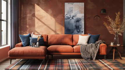 Wall Mural - A stylish contemporary living room, rust-colored sectional sofa