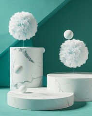 pastel green background with marble stone podium, marble pedestal, fashion industry, object display with beauty and feminim styl;e decoration