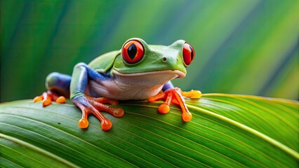 Canvas Print - Vibrant red eyed tree frog perched on a leaf , exotic, colorful, wildlife, amphibian, tropical, rainforest, nature, vibrant, red eyes