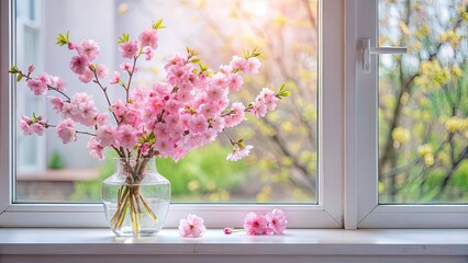 Poster - Beautiful pink cherry blossoms in a vase on the windowsill, cherry blossoms, pink, beautiful, vase, windowsill, spring