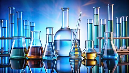 Poster - Glassware in laboratory setting with various beakers, flasks, and test tubes, glassware, laboratory, science