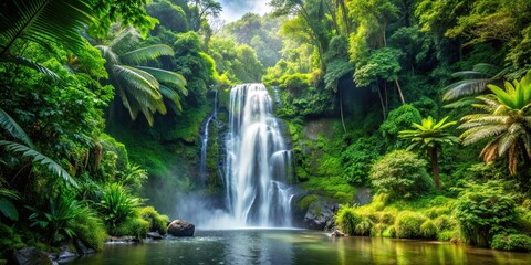 Poster - Tropical waterfall cascading down lush green forest surrounded by exotic plants and trees, waterfall, tropical, forest, lush, green