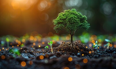 Globe with ball tree growing and green nature blur background eco concept, saving environment, save clean planet, ecology concept card for World Earth Day.