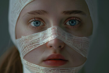 Wall Mural - close-up of a young woman's face wrapped with a bandage