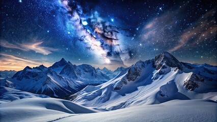 Canvas Print - Snow covered mountains under a starry night sky landscape, snow, mountains, stars, night, landscape, cold, winter, wilderness