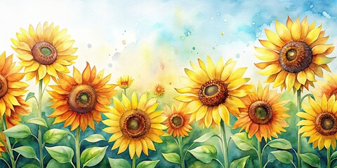 Sticker - Watercolor painting of vibrant sunflowers, sunflowers, watercolor, painting, art, floral, nature, yellow, green, petals