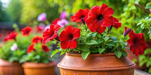 Wall Mural - Beautiful red petunia plant in ceramic pot with background of other plants , blooming, red, petunia, plant