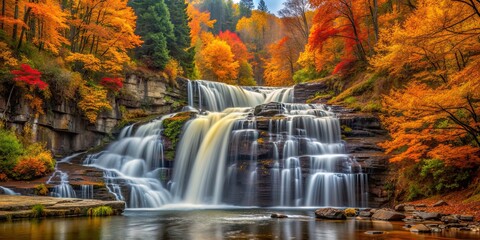 Poster - Beautiful of a waterfall surrounded by autumn orange trees , scenic, nature, autumn, waterfall, trees, colorful, vibrant