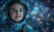 © minhnhat - A futuristic kid astronaut, a smiling little girl in a space suit wearing a helmet, gazes at the camera against a minimalist dark background with projected stars.