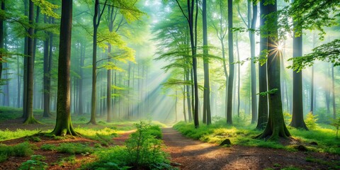 Wall Mural - Misty morning in a tranquil forest , mist, morning, forest, fog, serene, peaceful, tranquil, nature, trees, green, outdoor, ethereal