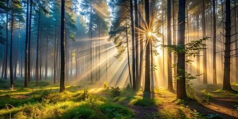 Poster - Mysterious misty forest in early morning