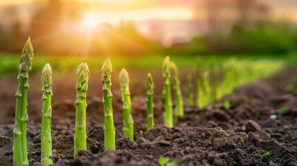 Canvas Print - Asparagus field during the sunset - A close-up shot of a row of asparagus plants in a field during the sunset, the sun is shining brightly in the background, and the plants are green and vibrant.