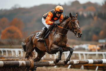 Horse racing with a jockey on the hippodrome, equestrian sport jumping over the uneven bars.