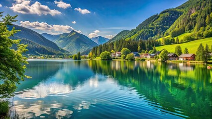 Poster - Idyllic Weissensee in Carinthia, Austria a serene lake surrounded by lush greenery and mountains, Weissensee, Carinthia