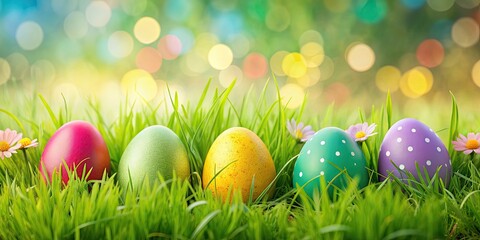 Canvas Print - Easter eggs nestled in green grass with a colorful easter background, Easter, eggs, holiday, spring, traditional