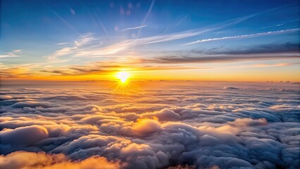 Poster - Beautiful sunset sky above clouds with dramatic light. Cabin view from airplane, sunset, sky, clouds, dramatic, light, cabin