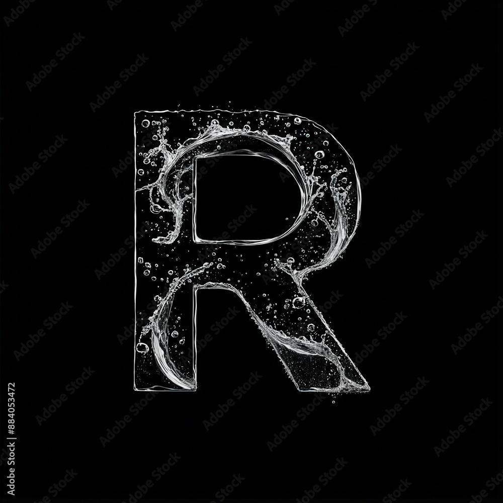 Floating Letter R Letter R. Liquid Fluid Water effect with Splashes and Droplets ...