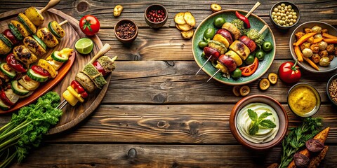 Canvas Print - Vegetarian barbecue dishes on a rustic timber table , vegetarian, barbecue, grilled, vegetables, plant-based, outdoor, summer