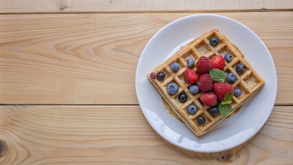 Canvas Print - Plate of delicious baked Belgian waffles topped with fresh berries and fruit , Waffles, Belgian, berries, fruit, breakfast, brunch