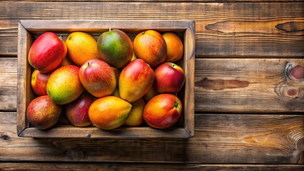 Wall Mural - Wooden box filled with fresh and ripe mangos at fruit market, mangoes, fruit, wooden box, market, fresh, ripe, organic